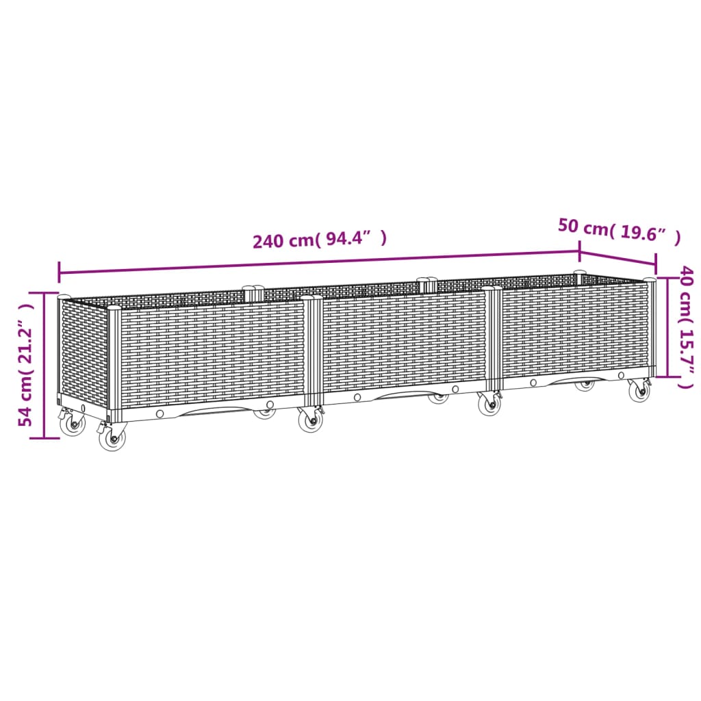 Plantenbak met wielen 240x50x54 cm polypropeen bruin