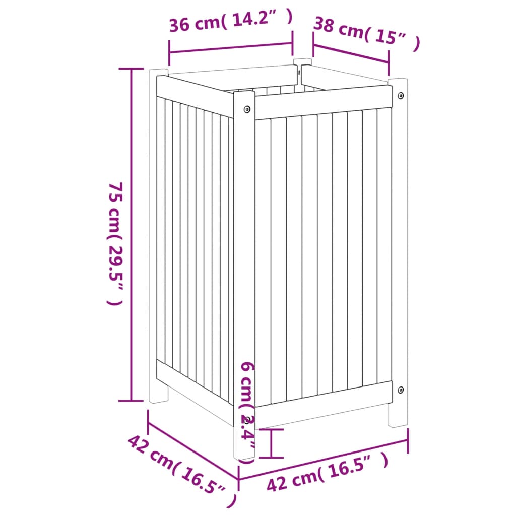 Plantenbak met voering 42x42x75 cm massief acaciahout