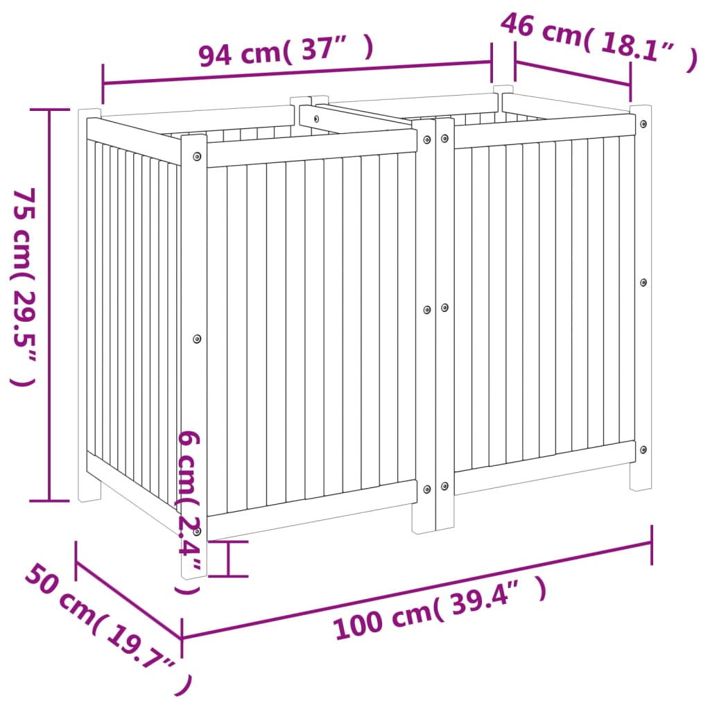 Plantenbak met voering 100x50x75 cm massief acaciahout