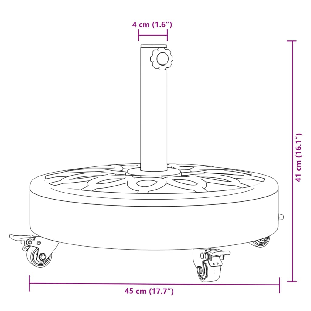 Parasolvoet met wielen voor stok van Ø38 / 48 mm 27 kg rond