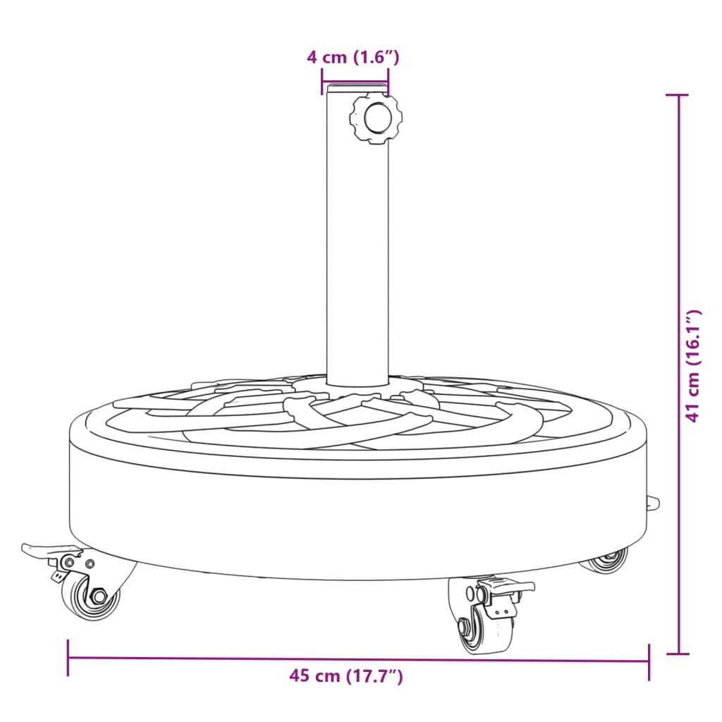 Parasolvoet met wielen voor stok van Ø38 / 48 mm 27 kg rond