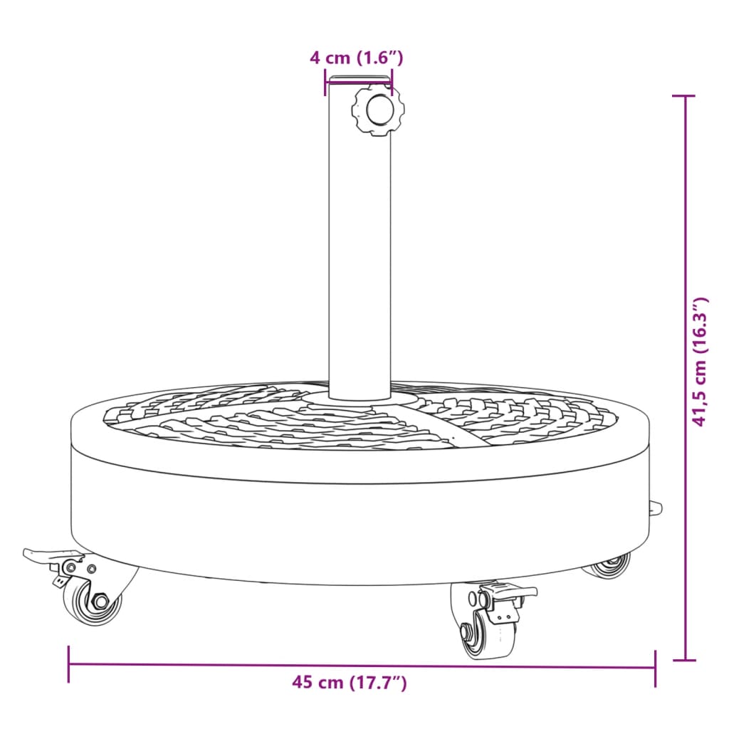 Parasolvoet met wielen voor stok van Ø38 / 48 mm 27 kg rond