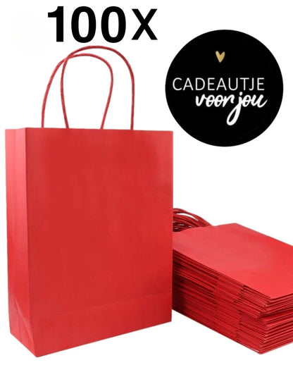 HGN Papieren Tasjes -Cadeautasjes-Cadeauzakjes-100 Stuks-rood-Incl 100 Stickers-18+8x22 cm