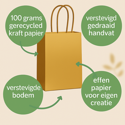 HGN Papieren Tasjes -Cadeautasjes-Cadeauzakjes-100 Stuks-Bruin-Incl 100 Stickers-Fijne Feestdagen-18+8x22 cm