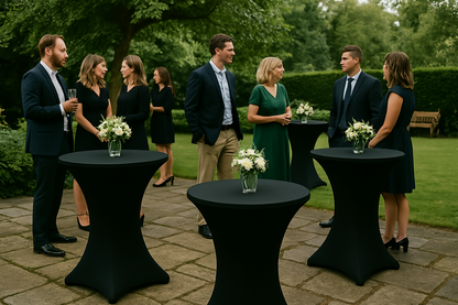 3 stuks zwarte statafelrokken met Topcovers – H110cm X Ø80-85 cm