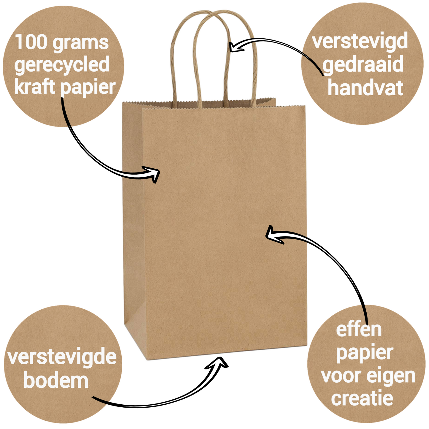 HGN Papieren Tasjes -Cadeautasjes-Cadeauzakjes-100 Stuks-Bruin-Incl 100 Stickers-18+8x22 cm