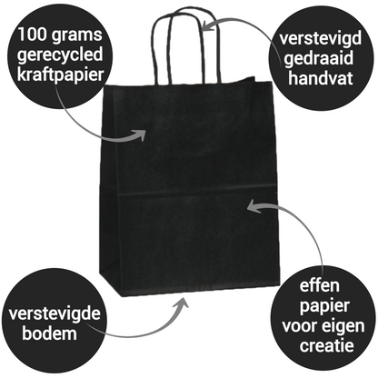 HGN Papieren Tasjes -Cadeautasjes-Cadeauzakjes-100 Stuks-zwart-Incl 100 Stickers-18+8x22 cm