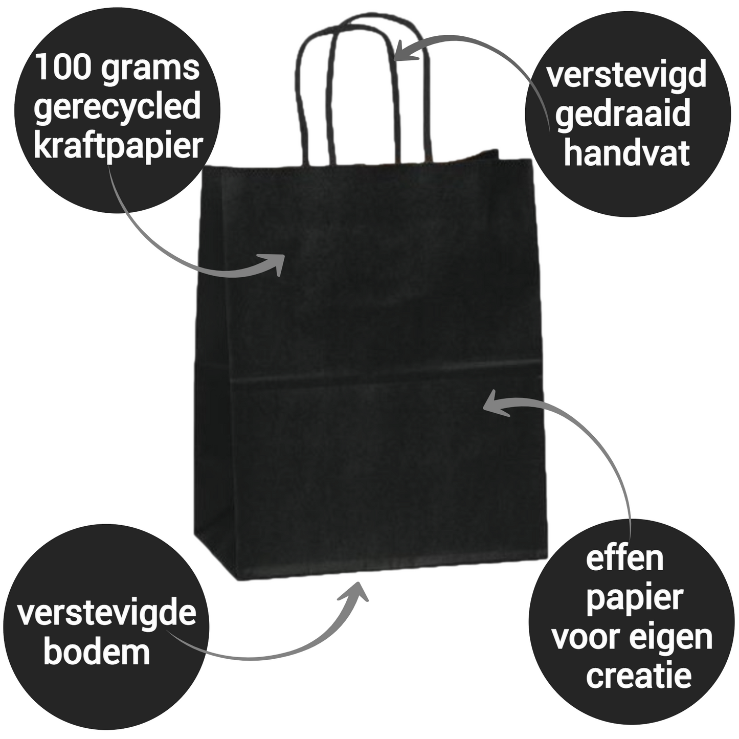 HGN Papieren Tasjes -Cadeautasjes-Cadeauzakjes-100 Stuks-Zwart-Incl 100 Stickers-18+8x22 cm