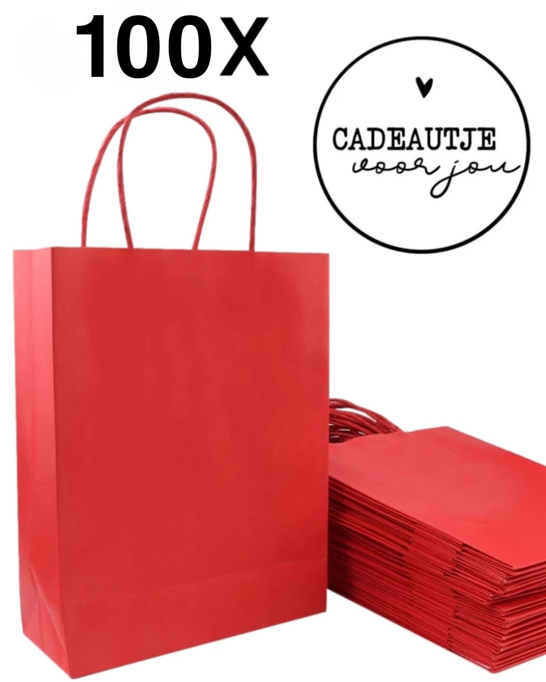 HGN Papieren Tasjes -Cadeautasjes-Cadeauzakjes-100 Stuks-Rood-Incl 100 Stickers-18+8x22 cm