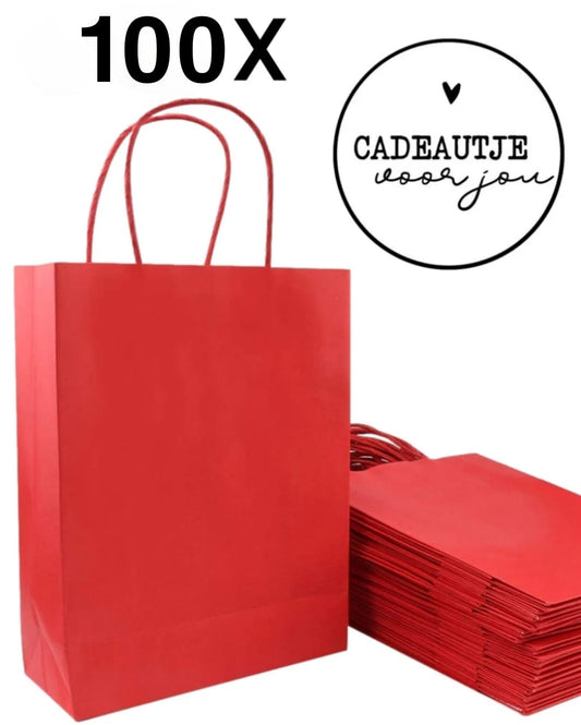 HGN Papieren Tasjes -Cadeautasjes-Cadeauzakjes-100 Stuks-Rood-Incl 100 Stickers-18+8x22 cm