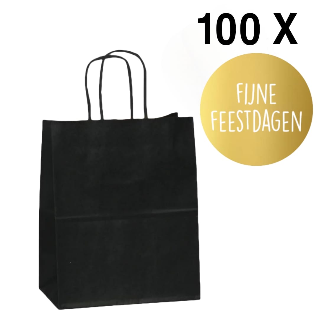 HGN Papieren Tasjes -Cadeautasjes-Cadeauzakjes-100 Stuks-Zwart-Incl 100 Stickers-Fijne Feestdagen-18+8x22 cm