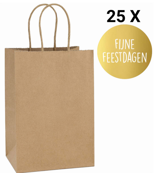 HGN papieren tasjes 25 stuks en 25 goudkleurige stickers met tekst "Fijne Feestdagen"-18x8x22cm-Ideaal voor de kerst