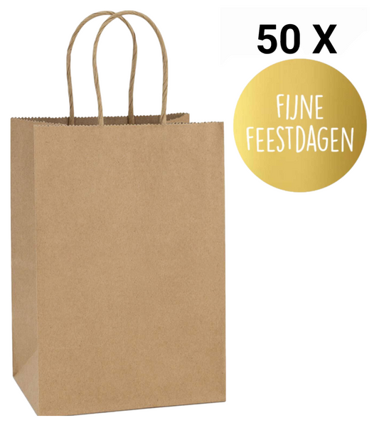 HGN papieren tasjes 50 stuks en 50 goudkleurige stickers met tekst "Fijne Feestdagen"-18x8x22 cm-Ideaal voor de kerst