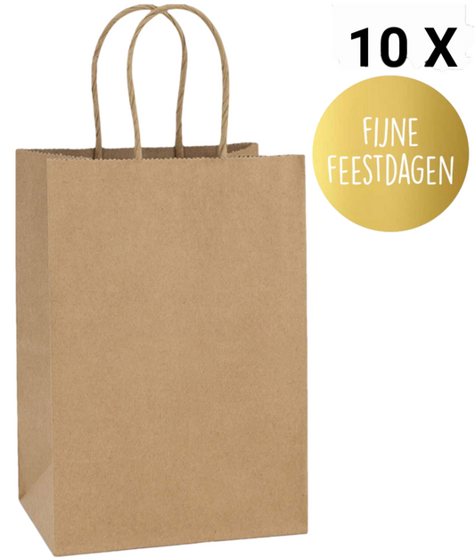 HGN papieren tasjes 10 stuks en 10 goudkleurige stickers met tekst "Fijne Feestdagen"-18x8x22 cm-Ideaal voor de kerst