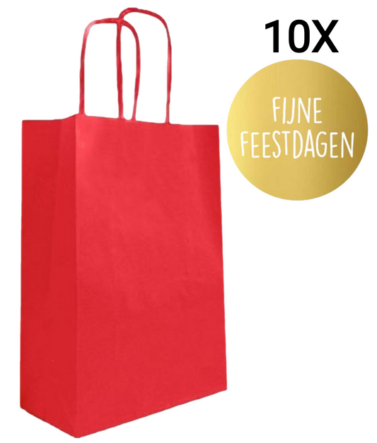 HGN papieren tasjes 10 stuks en 10 goudkleurige stickers met tekst "Fijne Feestdagen"-18x8x22 cm-Ideaal voor de kerst