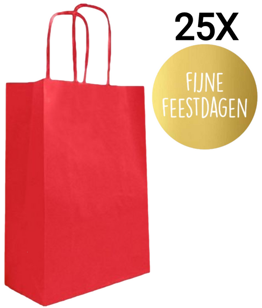 HGN papieren tasjes 25 stuks en 25 goudkleurige stickers met tekst "Fijne Feestdagen"-18x8x22cm-Ideaal voor de kerst