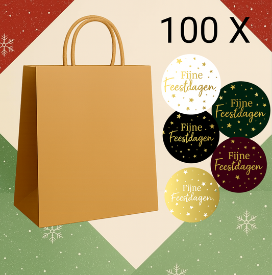 HGN papieren tasjes 100 stuks en 100 stickers in 5 kleuren met tekst "Fijne Feestdagen"-18x8x22 cm-Ideaal voor de kerst