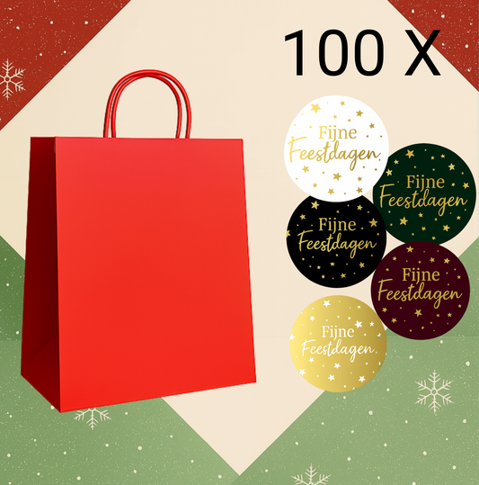 HGN papieren tasjes 100 stuks en 100 stickers in 5 kleuren met tekst "Fijne Feestdagen"-18x8x22 cm-Ideaal voor de kerst