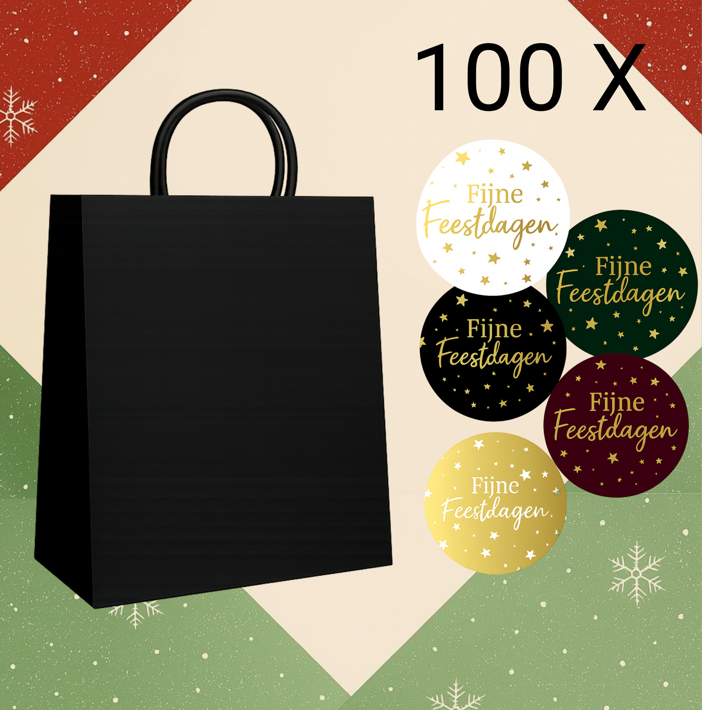 HGN papieren tasjes 100 stuks en 100 stickers in 5 kleuren met tekst "Fijne Feestdagen"-18x8x22 cm-Ideaal voor de kerst