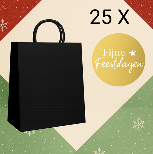 HGN papieren tasjes25 stuks en 25 goudkleurige stickers met tekst "Fijne Feestdagen"-18x8x22cm-Ideaal voor de kerst