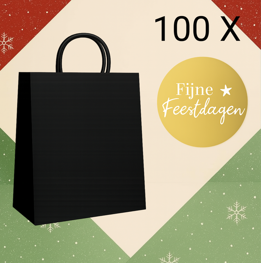 HGN Papieren Tasjes -Cadeautasjes-Cadeauzakjes-100 Stuks-Zwart-Incl 100 Stickers-Fijne Feestdagen-18+8x22 cm