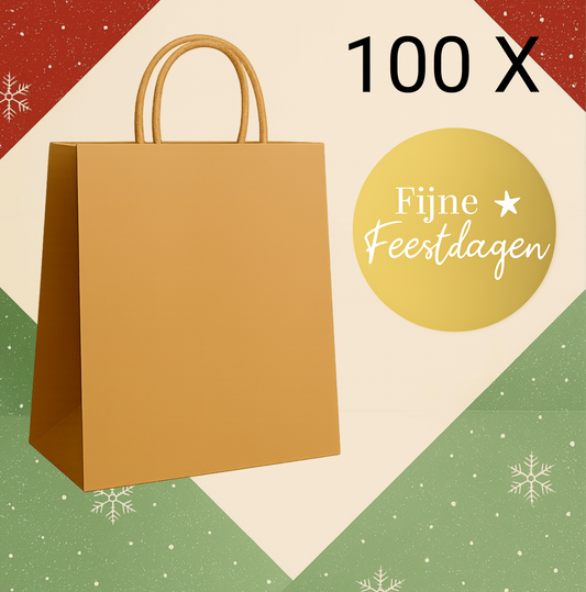 HGN Papieren Tasjes -Cadeautasjes-Cadeauzakjes-100 Stuks-Bruin-Incl 100 Stickers-Fijne Feestdagen-18+8x22 cm