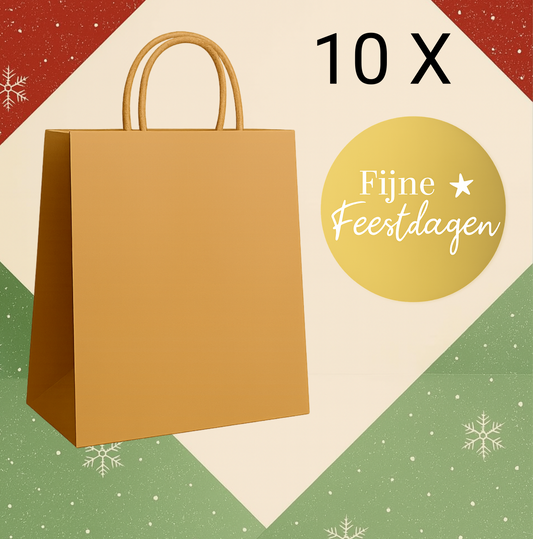 HGN papieren tasjes 10 stuks en 10 goudkleurige stickers met tekst "Fijne Feestdagen"-18x8x22 cm-Ideaal voor de kerst
