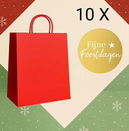 HGN papieren tasjes 10 stuks en 10 goudkleurige stickers met tekst "Fijne Feestdagen"-18x8x22 cm-Ideaal voor de kerst