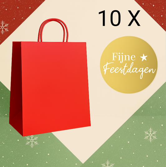 HGN papieren tasjes 10 stuks en 10 goudkleurige stickers met tekst "Fijne Feestdagen"-18x8x22 cm-Ideaal voor de kerst