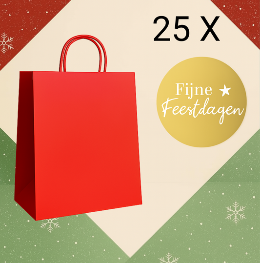 HGN papieren tasjes 25 stuks en 25 goudkleurige stickers met tekst "Fijne Feestdagen"-18x8x22cm-Ideaal voor de kerst