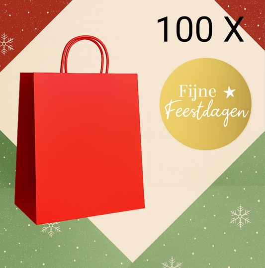 HGN Papieren Tasjes -Cadeautasjes-Cadeauzakjes-100 Stuks-Rood-Incl 100 Stickers-Fijne Feestdagen-18+8x22 cm