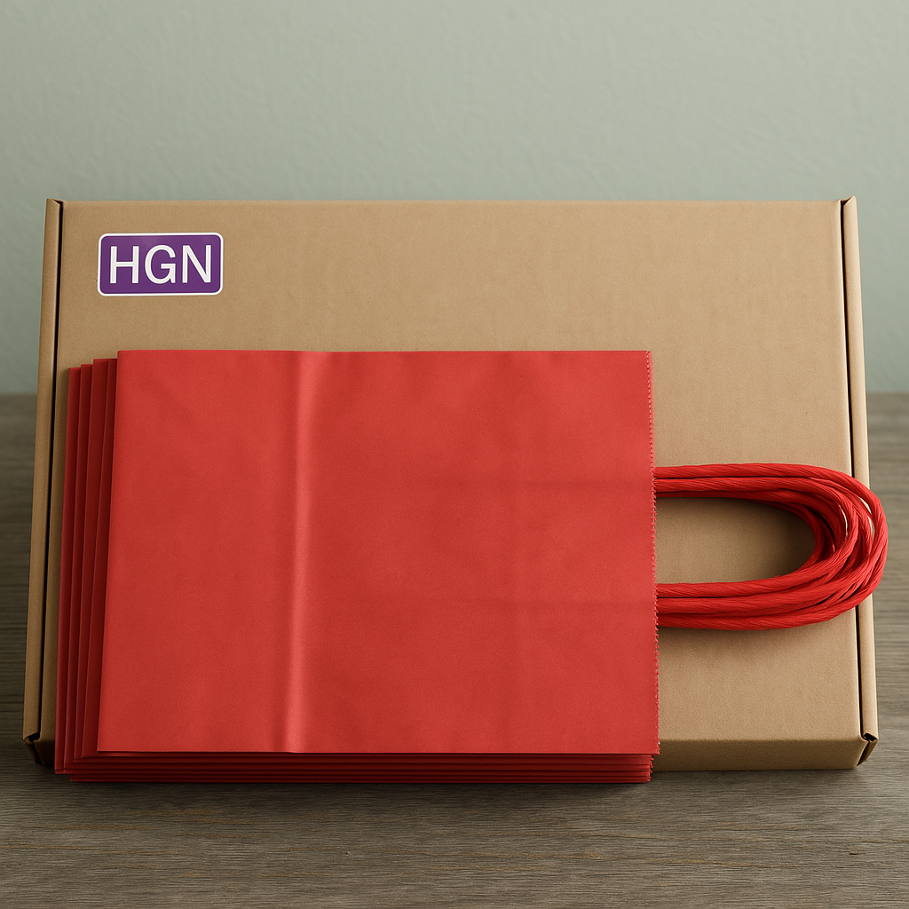 HGN Papieren Tasjes -Cadeautasjes-Cadeauzakjes-100 Stuks-Rood-Incl 100 Stickers-Fijne Feestdagen-18+8x22 cm