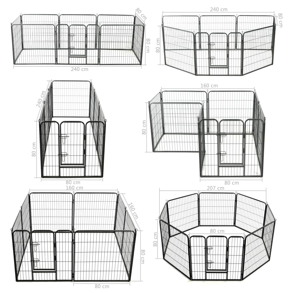 Hondenren met 8 panelen 80x80 cm staal zwart