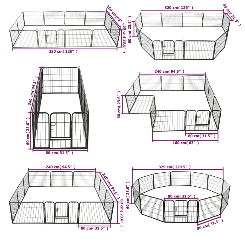 Hondenren met 12 panelen 80x60 cm staal zwart