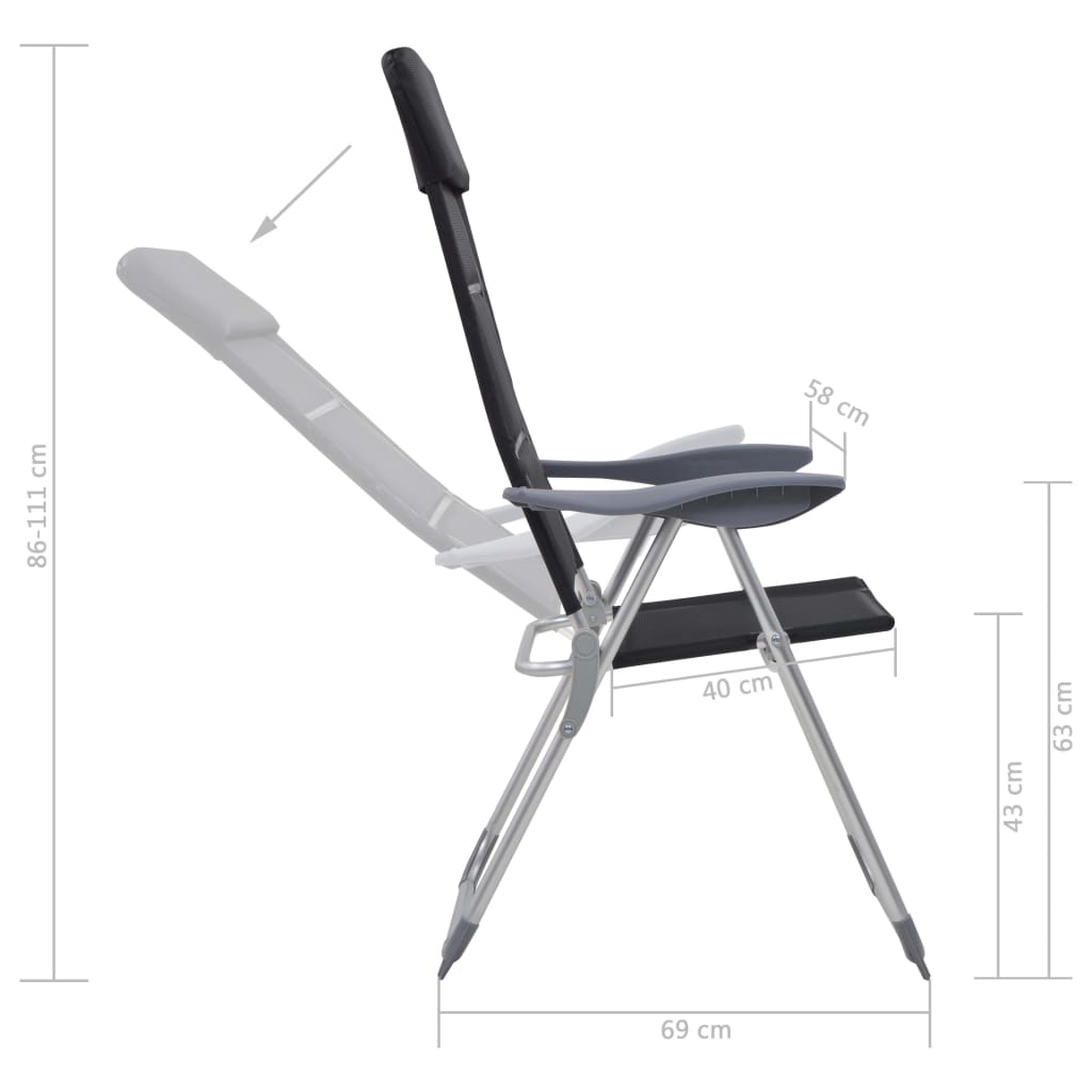 Campingstoelen 58x69x111 cm aluminium zwart 2 st