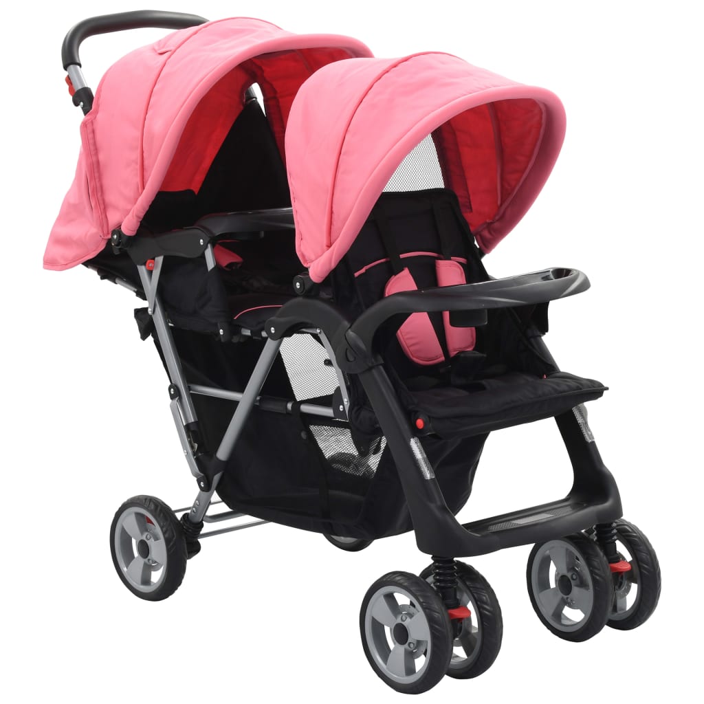 Kinderwagen dubbel staal roze en zwart