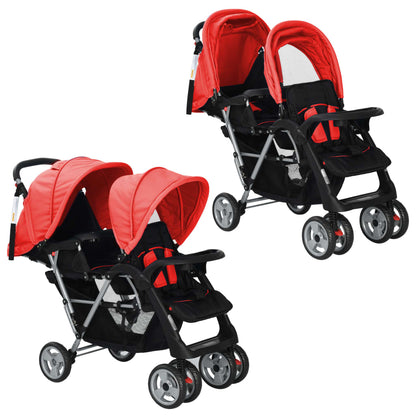 Kinderwagen dubbel staal rood en zwart