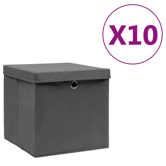 Opbergboxen met deksel 10 st 28x28x28 cm grijs