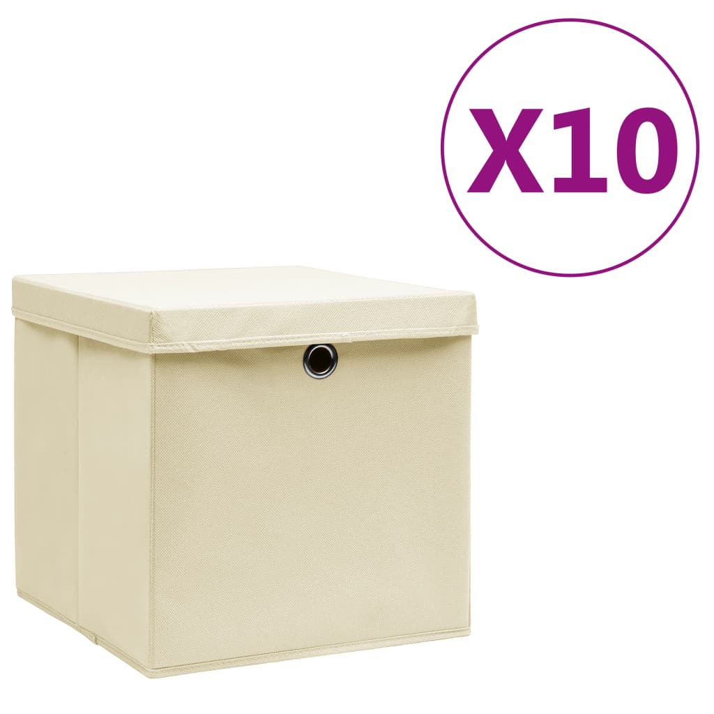 Opbergboxen met deksel 10 st 28x28x28 cm crèmekleurig