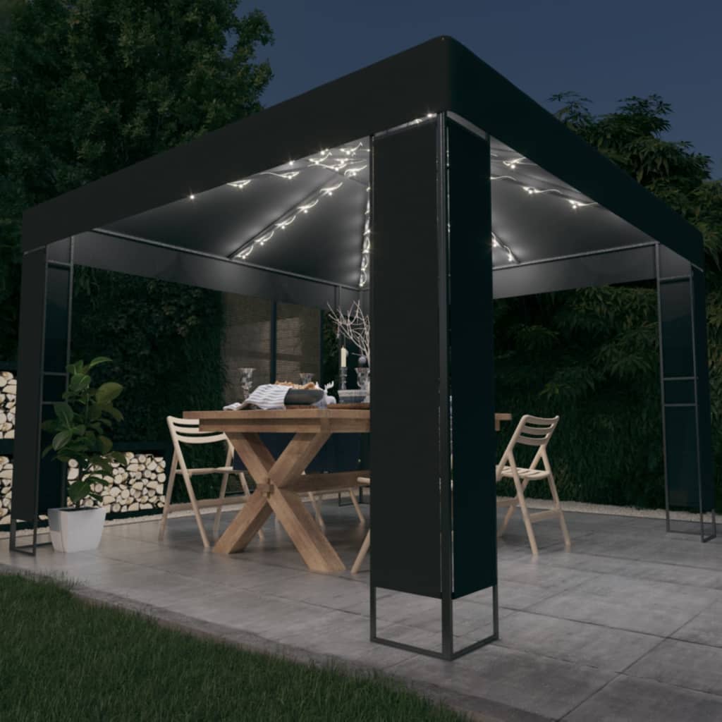 Prieel met dubbel dak en LED-lichtslinger 3x3 m antracietkleur