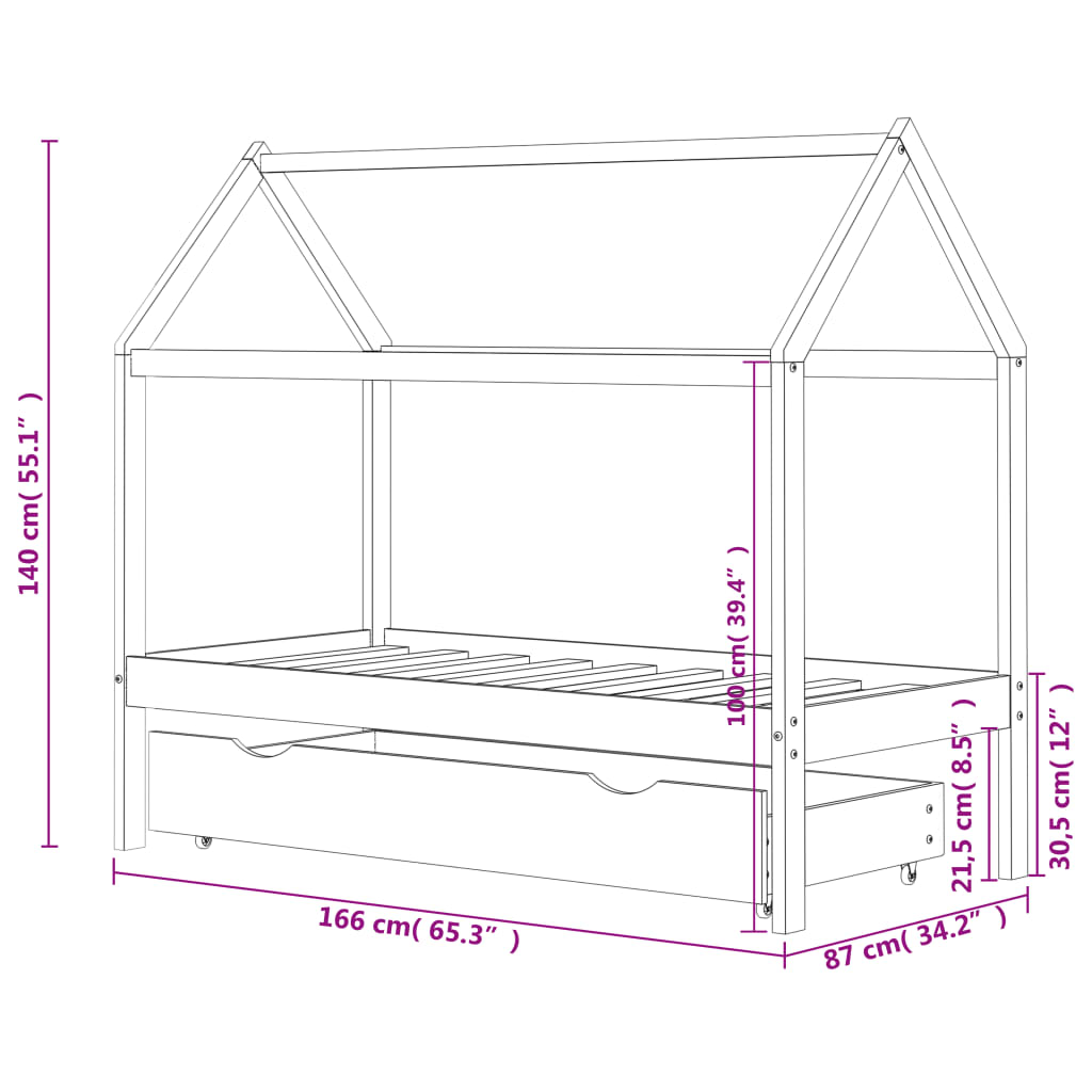 Kinderbedframe met lade massief grenenhout wit 80x160 cm