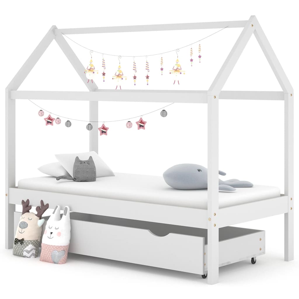 Kinderbedframe met lade massief grenenhout wit 80x160 cm