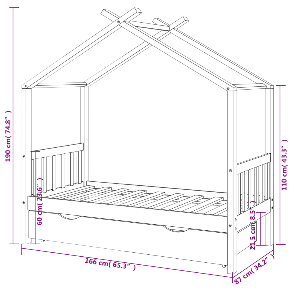 Kinderbedframe met lade massief grenenhout wit 80x160 cm