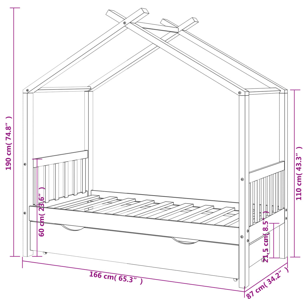 Kinderbedframe met lade grenenhout donkergrijs 80x160 cm