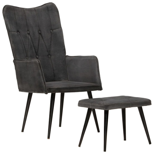 Fauteuil met voetenbank vintage stijl canvas zwart