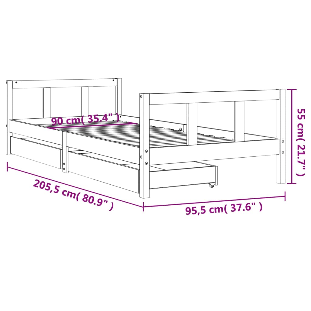 Kinderbedframe 90x200 cm massief grenenhout wit