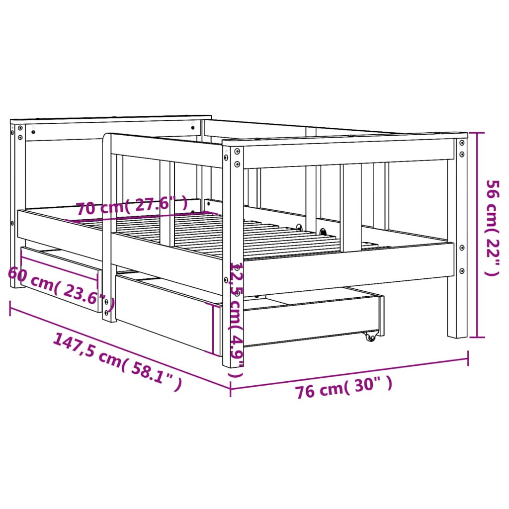 Kinderbedframe met lades 70x140 cm massief grenenhout zwart