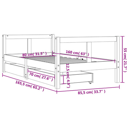 Kinderbedframe met lades 80x160 cm massief grenenhout wit