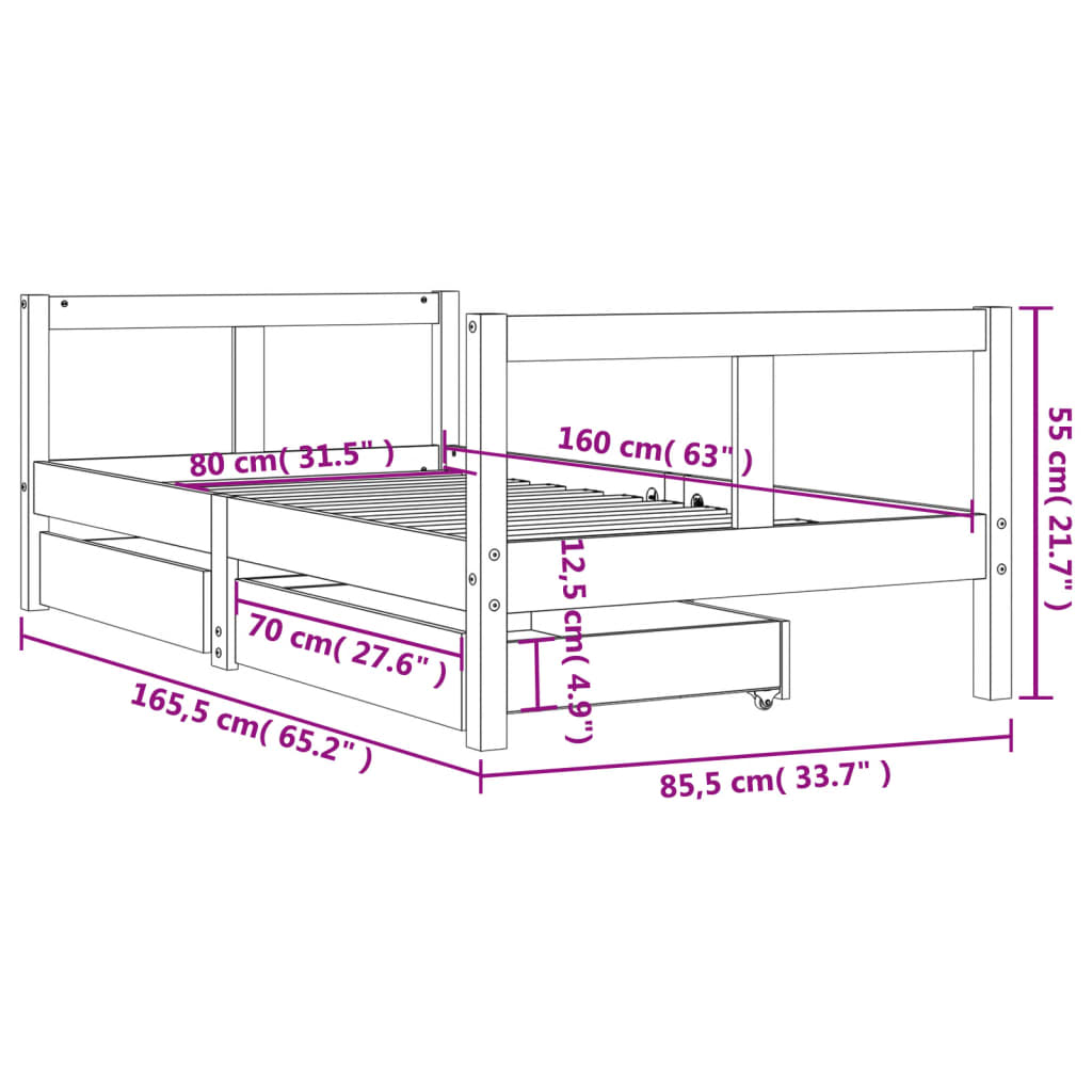 Kinderbedframe met lades 80x160 cm massief grenenhout zwart