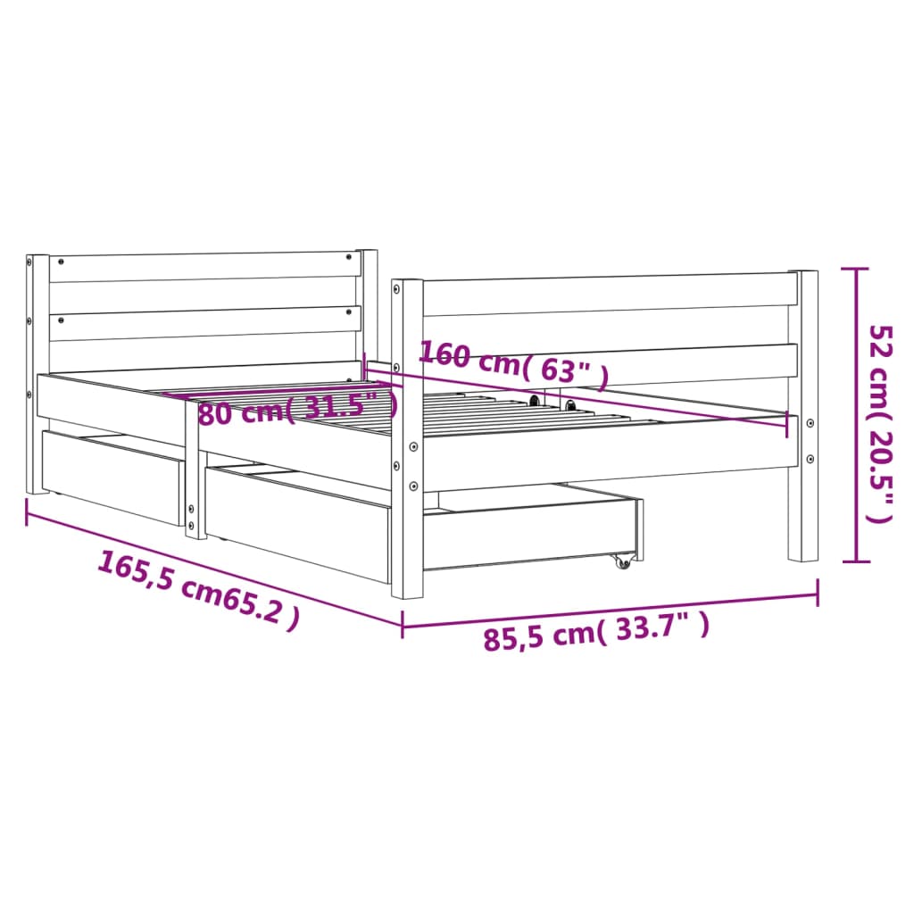 Kinderbedframe met lades 80x160 cm massief grenenhout wit